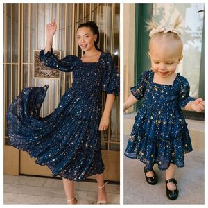 Matching SET Mommy Baby Ivy City Co Starry Nights Puff Sleeve Smocked Dresses